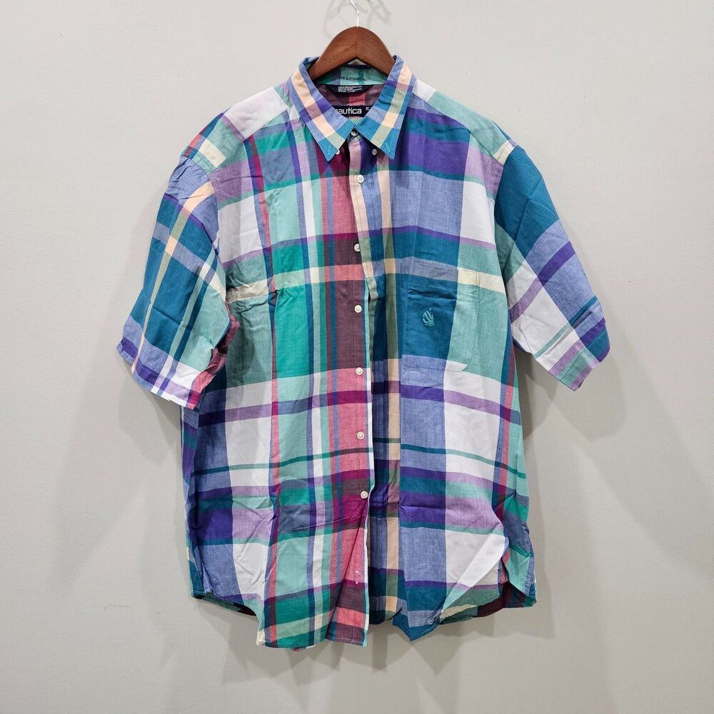 Nautica Mens Indian Madras Plaid Button Down Shirt XLT Blue Half Sleeves Casual
